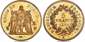"Republic" gold Proof Off-Metal Essai 5 Francs L'An X (1801/1802)-A PR62 Cameo NGC, Paris mint, cf. KM639.1 (there in silver, lettered edge), Gad-563a...