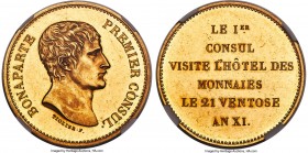 Napoleon gold Proof Medallic Essai "Paris Mint Visit" 5 Francs L'An XI (1803) PR61 NGC, Maz-629b var. (R4; plain edge), VG-1204 (plain edge, wide rim)...