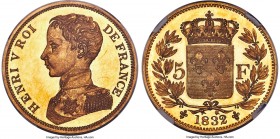 Henri V Pretender gold Proof Piefort Off-Metal Essai 5 Francs 1832 PR64 Ultra Cameo NGC, KM-X35g (Only a few specimens known), Maz-906c (R5), VG-Unl. ...