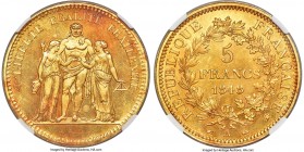Republic gold Off-Metal Essai "Hercules" 5 Francs 1848-A MS62+ NGC, Paris mint, cf. KM756.1 (in silver), Gad-683, Maz-1211 (R5), VG-Unl. 32.29gm. Lett...