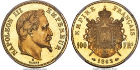 Napoleon III gold Proof Essai 100 Francs 1862-E PR65 Cameo NGC, KM-Unl., Gad-1136, Maz-1603 (R4), VG-3613. Type with "E" above "BARRE." Plain edge. A ...