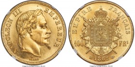 Napoleon III gold 100 Francs 1862-BB MS63 NGC, Strasbourg mint, KM802.2, Fr-581, Gad-1136. A scarce first-year issue of this Strasbourg type, with a m...