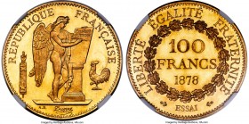 Republic gold Proof Essai 100 Francs 1878 PR66 Cameo NGC, KM-E34, Gad-1137, Maz-2112a (R5), VG-3903. Plain edge. Large characters variety. An incredib...