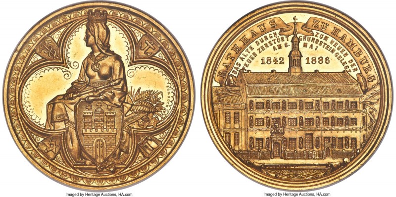 Hamburg. Free City gold Medallic "Town Hall Cornerstone" Portugalöser of 10 Duca...