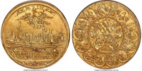 Memmingen. Free City gold Medallic 10 Ducat 1623 MS62+ NGC, KM-M2 (Rare; this coin), Fr-1742 (Unique), Wilmersdörffer-Unl., cf. Madai-2284 (for taler)...