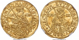 Saxony. Johann Georg I gold Ducat 1617 MS62 NGC, Dresden mint, KM109, Fr-2663, Whiting-70. 3.45gm. Commemorating the 100th anniversary of the 95 These...