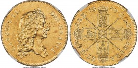 Charles II gold 5 Guineas 1673 AU55 NGC, KM430.1, Fr-281, S-3328, Schneider-Unl. Displaying a lustrous finish over vibrant sun-gold surfaces, with onl...
