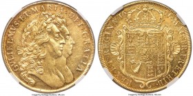 William & Mary gold 5 Guineas 1691 UNC Details (Obverse Spot Removed) NGC, KM479.1, Fr-299, S-3422, Schneider-Unl. TERTIO edge. Wholly charming and br...