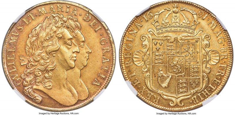William & Mary gold 5 Guineas 1691 AU58 NGC, KM479.1, Fr-299, S-3422, Schneider-...