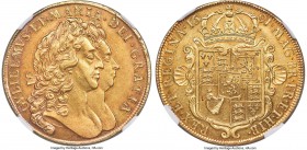 William & Mary gold 5 Guineas 1691 AU58 NGC, KM479.1, Fr-299, S-3422, Schneider-Unl. TERTIO edge. An exceptional example of this scarce 5 Guineas issu...