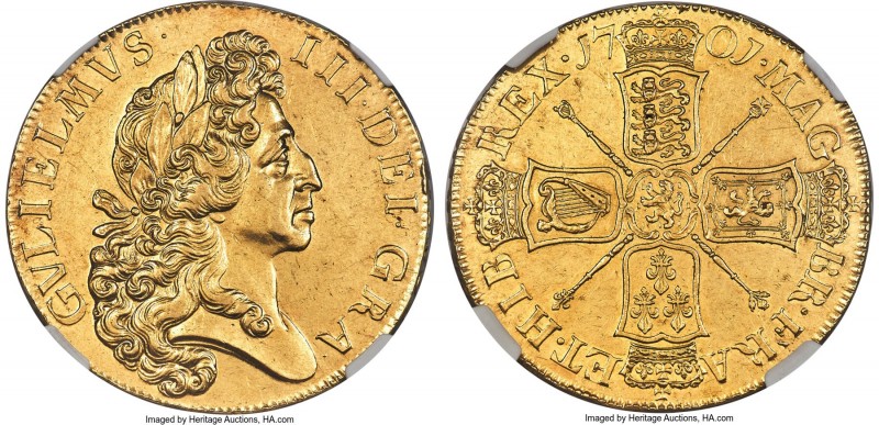 William III gold "Fine Work" 5 Guineas 1701 AU58 NGC, KM508, Fr-310, S-3456, Sch...