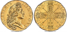 William III gold "Fine Work" 5 Guineas 1701 AU58 NGC, KM508, Fr-310, S-3456, Schneider-480. Plain Scepters variety. DECIMO TERTIO edge. By nearly all ...