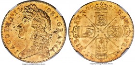 James II gold 5 Guineas 1687 AU58 NGC, KM460.1, Fr-292, S-3397A, Schneider-452-453. TERTIO edge. Possessing a nearly three-dimensional lustrous depth ...