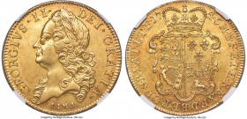 George II gold 5 Guineas 1746-LIMA AU58 NGC, KM586.1, Fr-335, S-3665, Schneider-564. DECIMO NONO edge. A one-year type struck from gold seized in Lima...