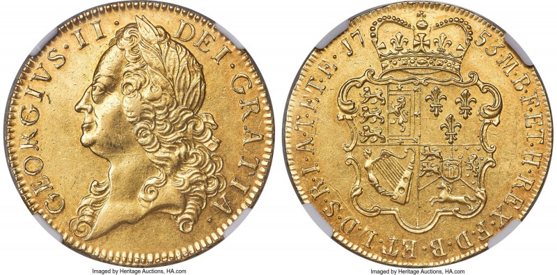 George II gold 5 Guineas 1753 AU55 NGC, KM586.2, Fr-334, S-3666, Schneider-566. ...