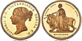 Victoria gold Proof "Una and the Lion" 5 Pounds 1839 PR63 Ultra Cameo NGC, KM742, Fr-386, S-3851, W&R-279 (R2). By William Wyon. A fully frosted and m...