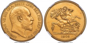 Edward VII gold Matte Proof 5 Pounds 1902 PR63 NGC, KM807, S-3966, W&R-404. Brass-gold in color and lightly toned, the lack of any significant handlin...