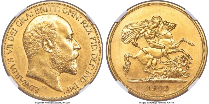 Edward VII gold Matte Proof 5 Pounds 1902 PR62 NGC, KM807, S-3966, W&R-404. A hi...