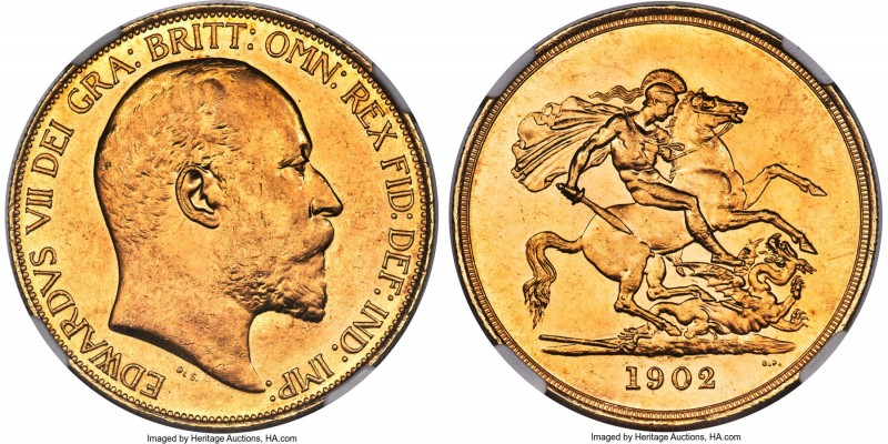 Edward VII gold 5 Pounds 1902 AU58 NGC, KM807, S-3965. From a production of appr...