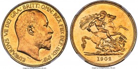 Edward VII gold 5 Pounds 1902 AU58 NGC, KM807, S-3965. From a production of approximately 35,000, of which 27,000 were subsequently melted. Lustrous t...