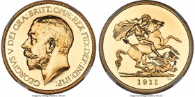 George V gold Proof 5 Pounds 1911 PR64 Cameo NGC, KM822, S-3994, W&R-414. From a sparse mintage of 2,812 pieces, this is the sole 5 Pound issue produc...