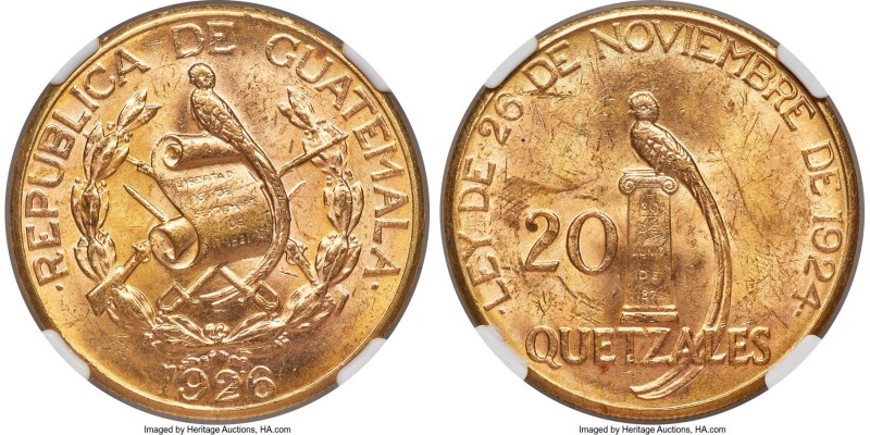 Republic gold 20 Quetzales 1926-(P) MS62 NGC, Philadelphia mint, KM246, Fr-48. A...