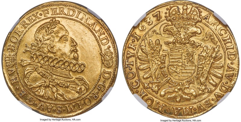 Ferdinand II gold 5 Ducat 1637/6-KB MS63+ NGC, Kremnitz mint, KM-A105, Fr-93, He...