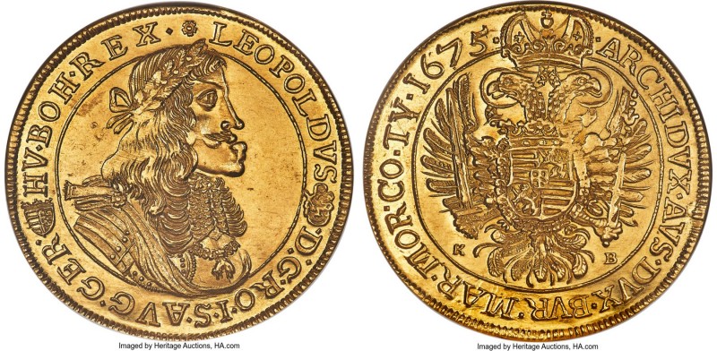 Leopold I gold 10 Ducat 1675-KB MS64+ NGC, Kremnitz mint, KM-Unl., Fr-122, Horsk...
