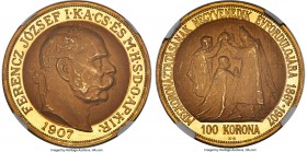 Franz Joseph I gold "Coronation Anniversary" 100 Korona 1907-KB MS64 NGC, Kremnitz mint, KM490, Fr-256, Husz-2213. From a mintage of 10,897, and struc...