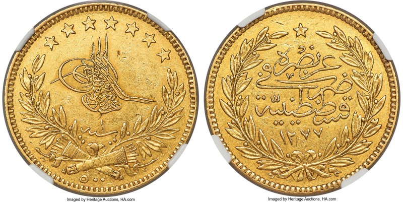 Ottoman Empire. Abdul Aziz gold 500 Kurush AH 1277 Year 1 (1860/1861) AU58 NGC, ...