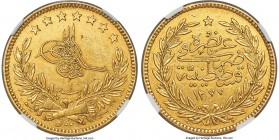 Ottoman Empire. Abdul Aziz gold 500 Kurush AH 1277 Year 1 (1860/1861) AU58 NGC, Constantinople mint (in Turkey), KM698, Fr-125, cf. Pere-916 (differen...