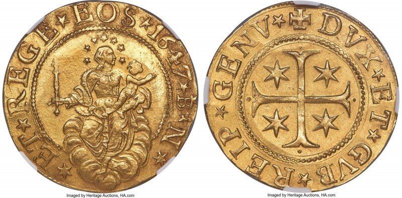 Genoa. Republic gold 5 Doppie 1647-IBN MS65 NGC, KM100, Fr-427, CNI-IIIb.1, MIR-...