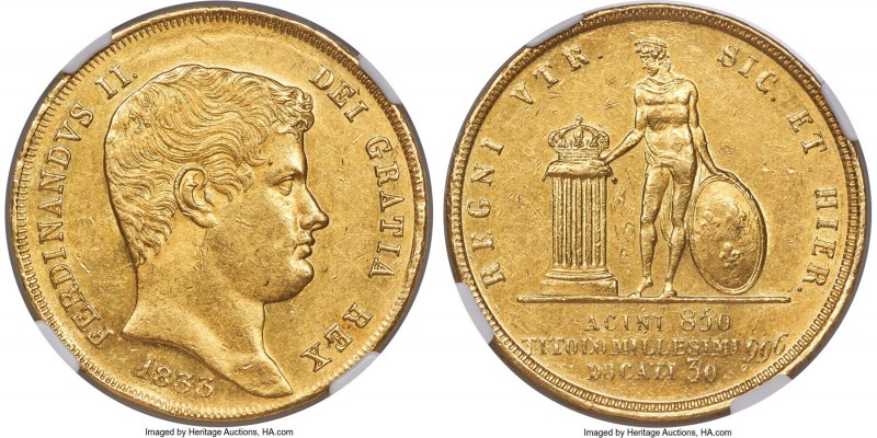 Naples & Sicily. Ferdinand II gold 30 Ducati 1833 MS61 NGC, Naples mint, KM312, ...