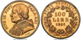 Papal States. Pius IX gold 100 Lire Anno XXI (1866)-R MS63 NGC, Rome mint, KM1383, Fr-278, Pag-519. From a total issuance of 1,117 examples, and thus ...