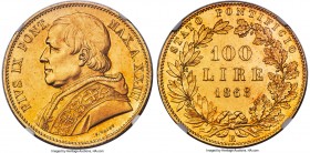 Papal States. Pius IX gold 100 Lire Anno XXIII (1868)-R MS61 NGC, Rome mint, KM1383, Fr-278, Pag-520. Struck in a reported mintage of only 545 pieces,...