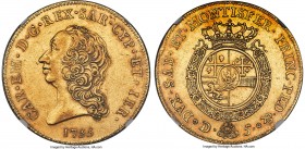 Sardinia. Carlo Emanuele III gold 5 Doppie (Carlino) 1755 AU Details (Rim Repair) NGC, Turin mint, KM53, Fr-1103, MIR-941a (R5), Mont-117 (R3), Belles...