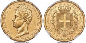 Sardinia. Carlo Alberto gold 100 Lire 1834 (Eagle)-P AU58 NGC, Turin mint, KM133.1, Fr-1138. A handsome sun-yellow specimen with fully intact luster a...