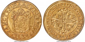 Venice. Carlo Ruzzini gold Scudo della Croce of 25 Zecchini ND (1732-1735)-BV AU58 NGC, KM-Unl., Fr-Unl., CNI-Unl., Paolucci-Unl., Bellesia-Unl. 87.12...