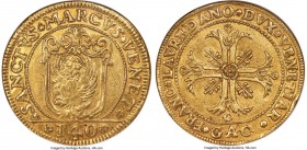 Venice. Francesco Loredan gold Scudo della Croce of 12 Zecchini ND (1752-1762)-GAC UNC Details (Obverse Scratched) NGC, Venice mint, KM-Pn151, Fr-1478...