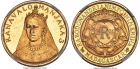 Ranavalona III gold Proof Pattern 5 Francs 1895 PR62 Cameo NGC, KM-XM3c (Unique), Lec-35 (1 Known), Gad-10 (same), VG-Unl. 34.47gm. Incuse lettered ed...