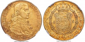 Ferdinand VII gold 8 Escudos 1808 Mo-TH AU58 NGC, Mexico City mint, KM160, Fr-47. On the very brink of Mint State, with fully intact luster and only t...