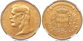 Albert I gold 100 Francs 1896-A AU53 NGC, Paris mint, KM105, Gad-MC124, Fr-13. Minimally circulated, with bright luster and a faint orangish tone. AGW...