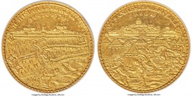 "Lifting of the Siege of Leiden" gold Medal of 19 Ducats 1574-Dated MS62 NGC, Bizot-I-27, Borchmann-II-304 var. (in silver), Van Loon-I-193. 47mm. 65....