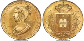 Maria II gold 6400 Reis (Peça) 1835 MS65 NGC, Lisbon mint, KM407, Fr-141. From a reported mintage of only 2,989 pieces, this wonderful gem specimen of...