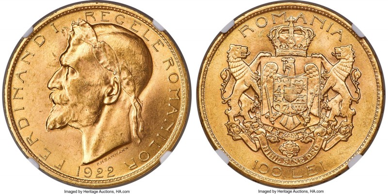 Ferdinand I gold 100 Lei 1922-Dated (1928/1929) MS63 NGC, London mint, KM-XM4, F...