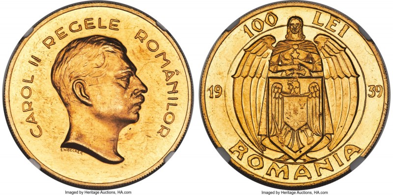 Carol II gold "Angel over Arms" 100 Lei 1939 MS62 NGC, Bucharest mint, KM-XM8, F...