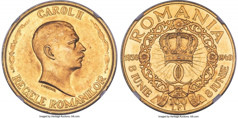 Carol II gold "Jubilee" 100 Lei 1940 MS61 NGC, Bucharest mint, KM-XM12, Fr-19, S...