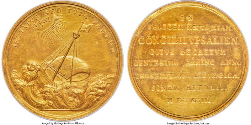 Carl XI gold "Uppsala Synod Centenary" Medal of 50 Ducats 1693-Dated MS60 NGC, H...