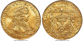 Graubünden - Misox (Mesocco). Antonio Teodoro Trivulzio gold 10 Ducat (10 Zecchini) 1676 AU58 NGC, KM-Unl. (cf. KM19 for issue of 1677 [under Retegno]...