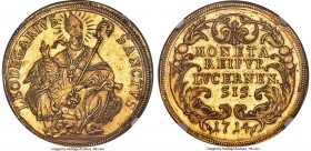 Lucerne. Canton gold 10 Ducat 1714-HL MS62 NGC, KM-G51 (Rare), Fr-308 (Very Rare; this coin), cf. HMZ-2-649b (for Taler; 10 Ducat not noted), cf. Divo...
